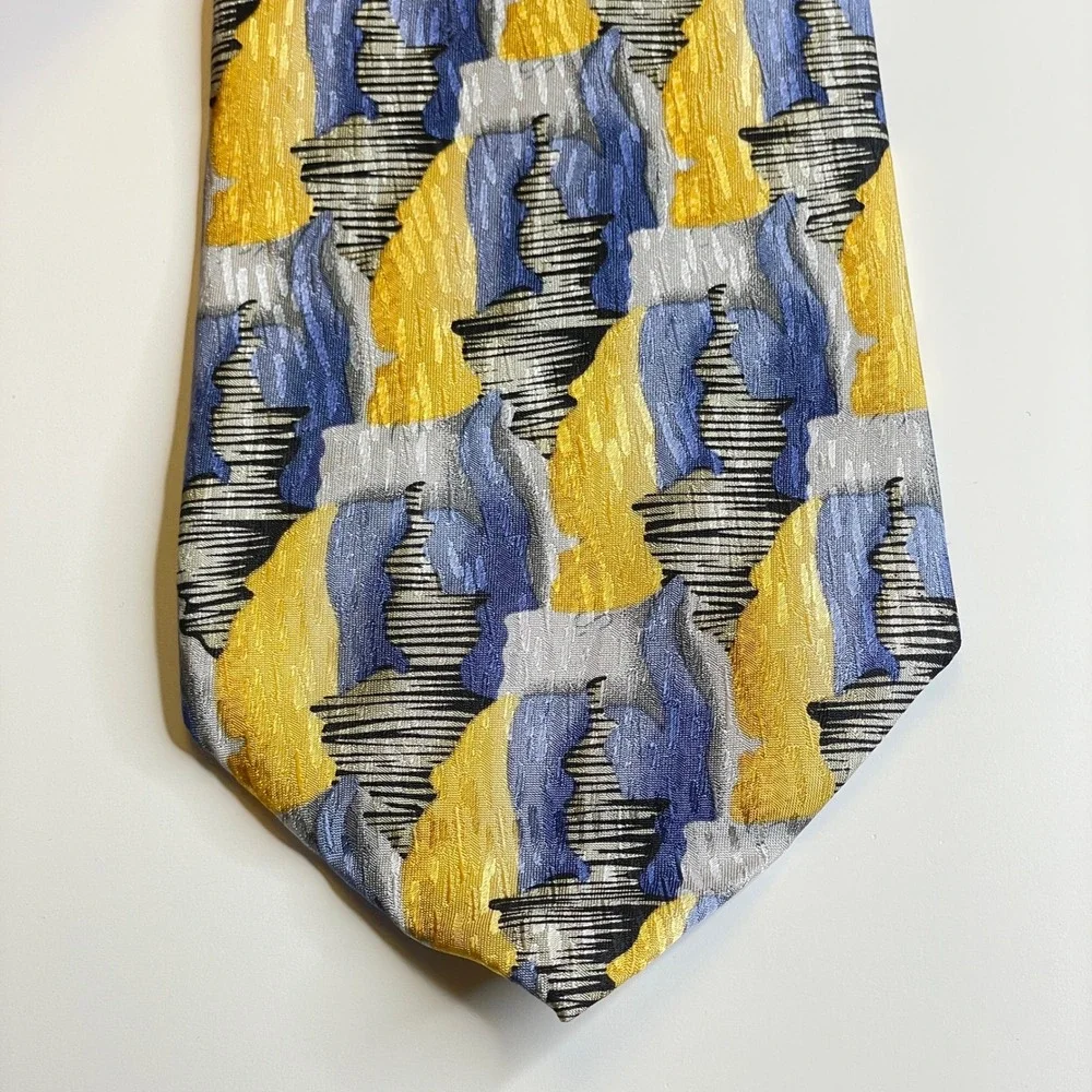 Cocktail Collection Vintage Wine Necktie Mens Blue Yellow Silk Abstract Mod Work